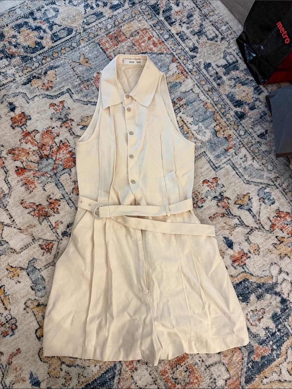 Mango Cream Sleeveless Button-Front Belted Playsuit